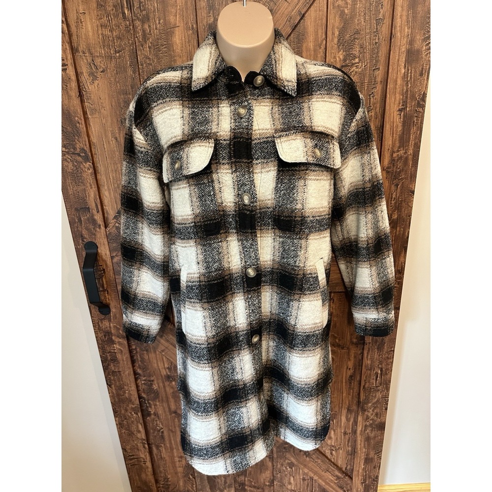 GAP Women's Medium Tall Plaid Long Wool Jacket Shacket Cozy Boho Cottagecore